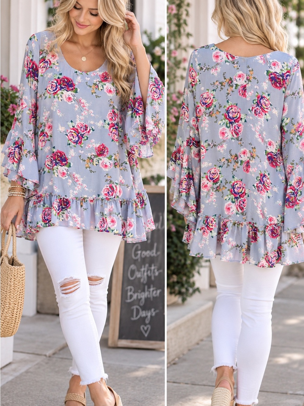 Umgee Gray Floral Ruffle Tunic Top Boho Rose Bell Sleeve Blouse L Fall Festival